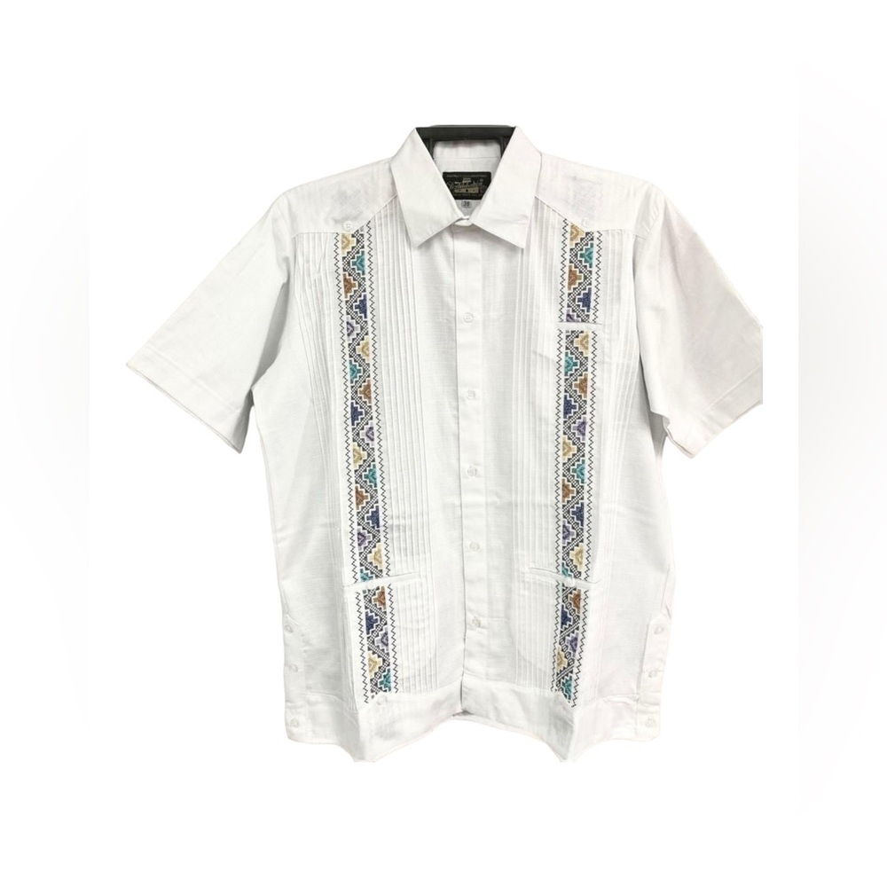 Men’s Linen White Guayabera with Multicolor Embroidery Short Sleeve
